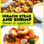 White platter with hibachi steak and shrimp with veggies and dipping sauces and text overlay.