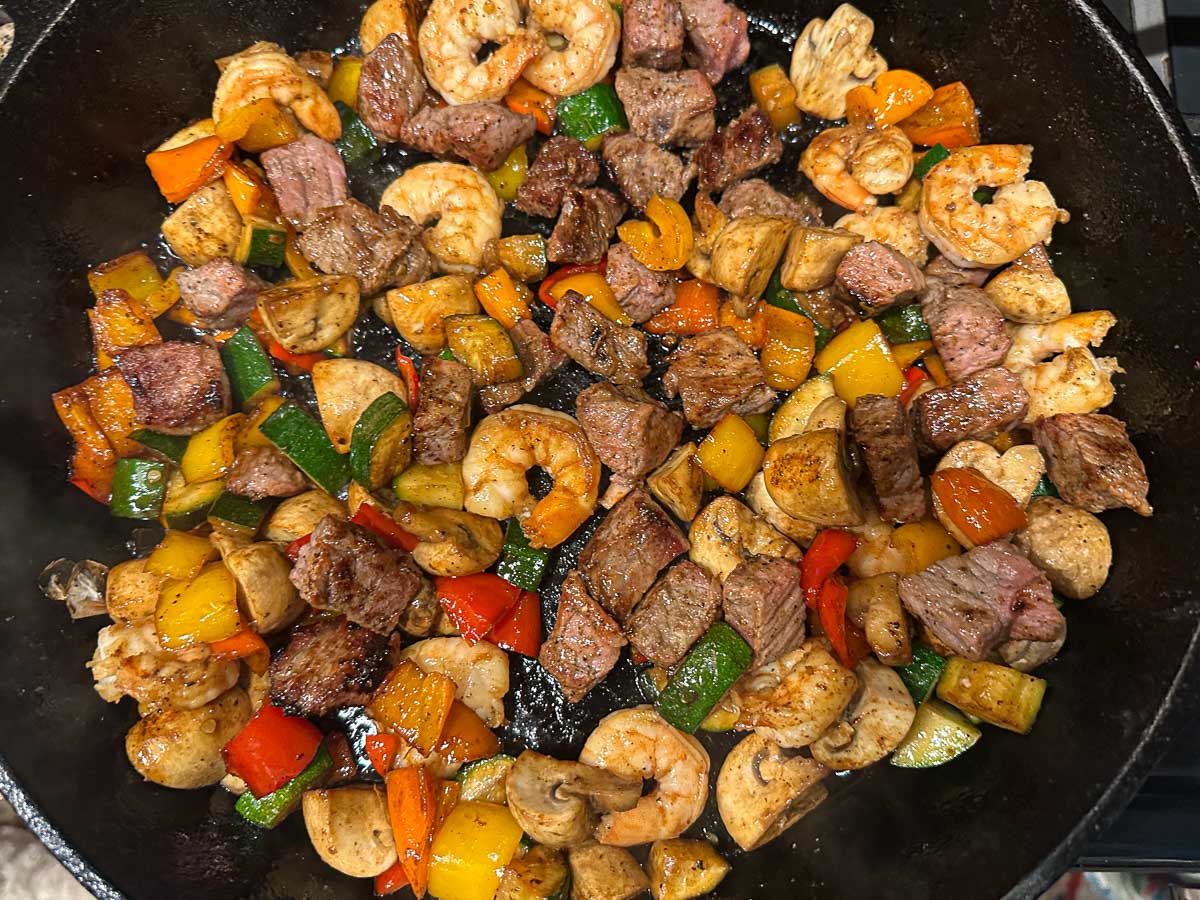Cast iron skillet with the finished dish.