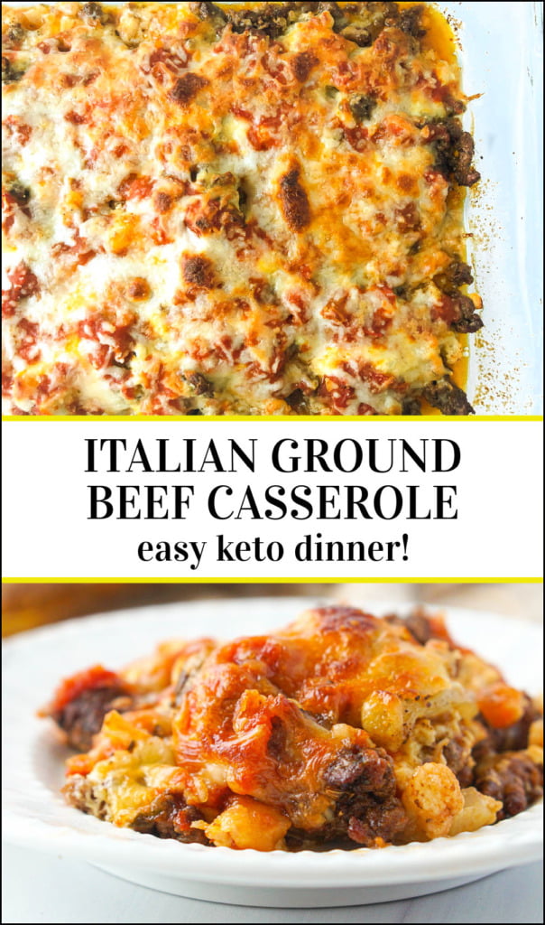 baking dish and white plate with keto ground beef casserole and text