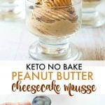 Long photo of keto peanut butter mousse with a chocolate heart on top and text overlay.