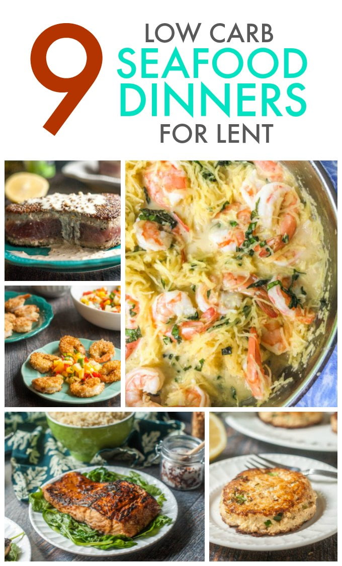 A collage of seafood recipes that are low carb with a text overlay.