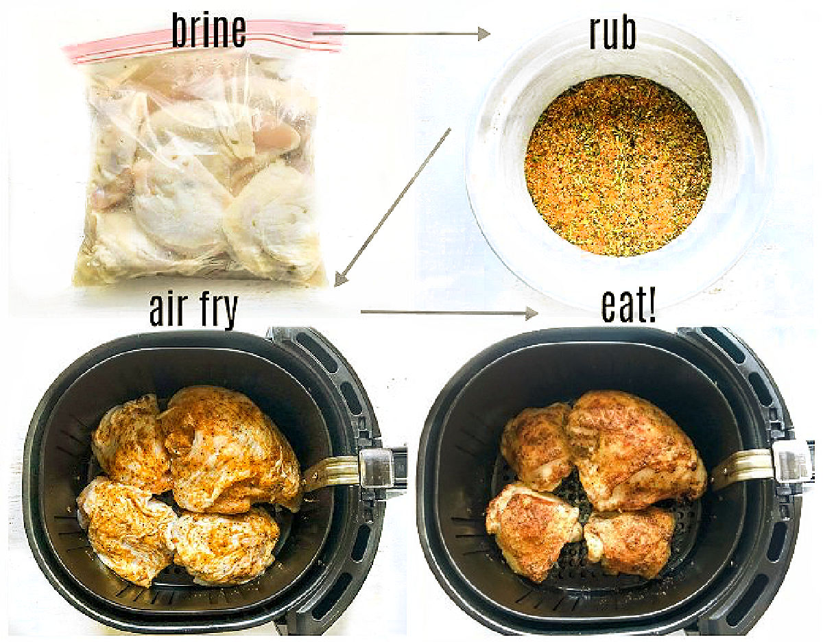 collage of how to make air fryer rotisserie chicken