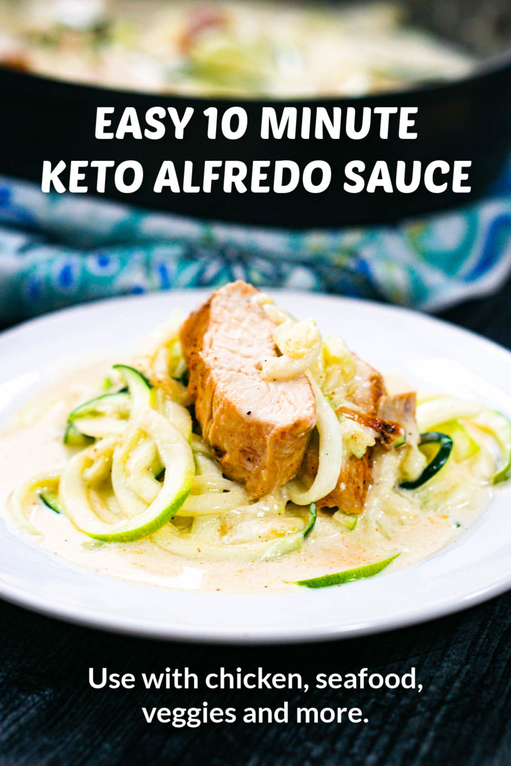 plate and a pan with with keto chicken Alfredo noodles and text