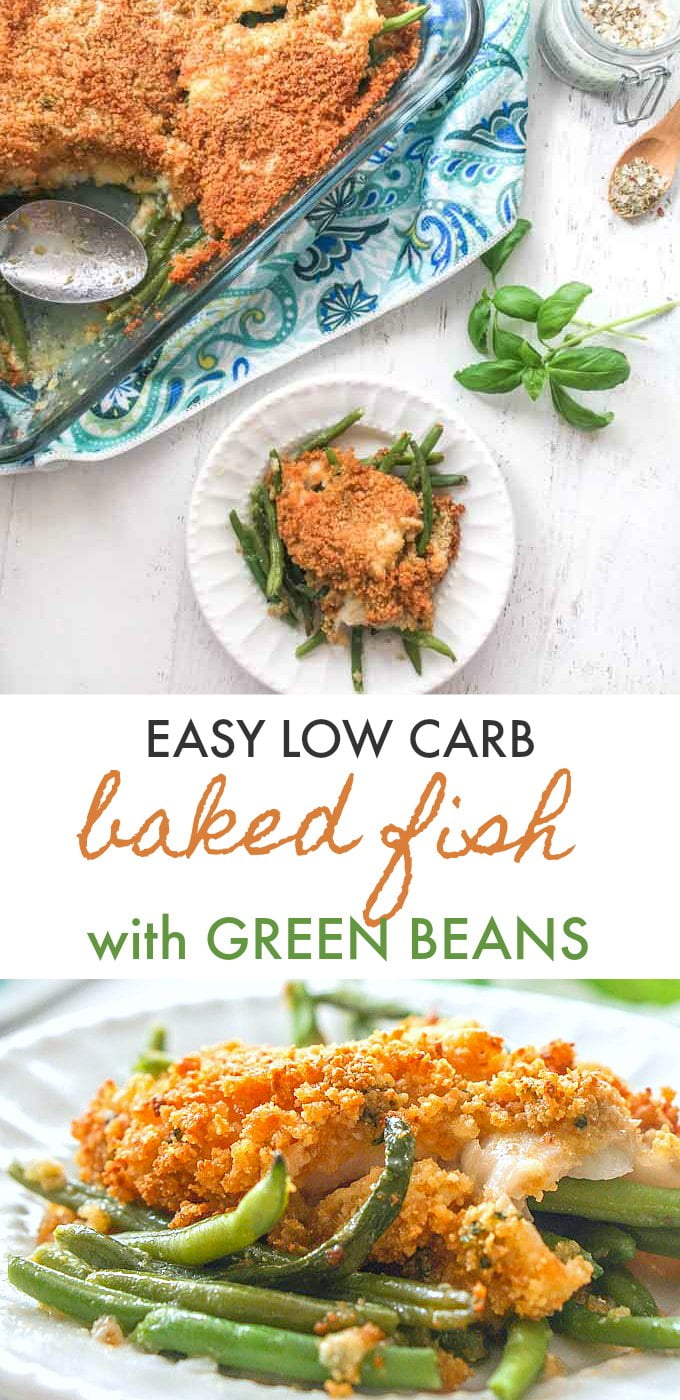 Long photo of baked fish on white plate with green beans and text overlay.