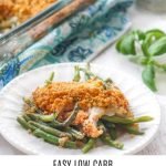 Long photo of baked fish on white plate with green beans and text overlay.