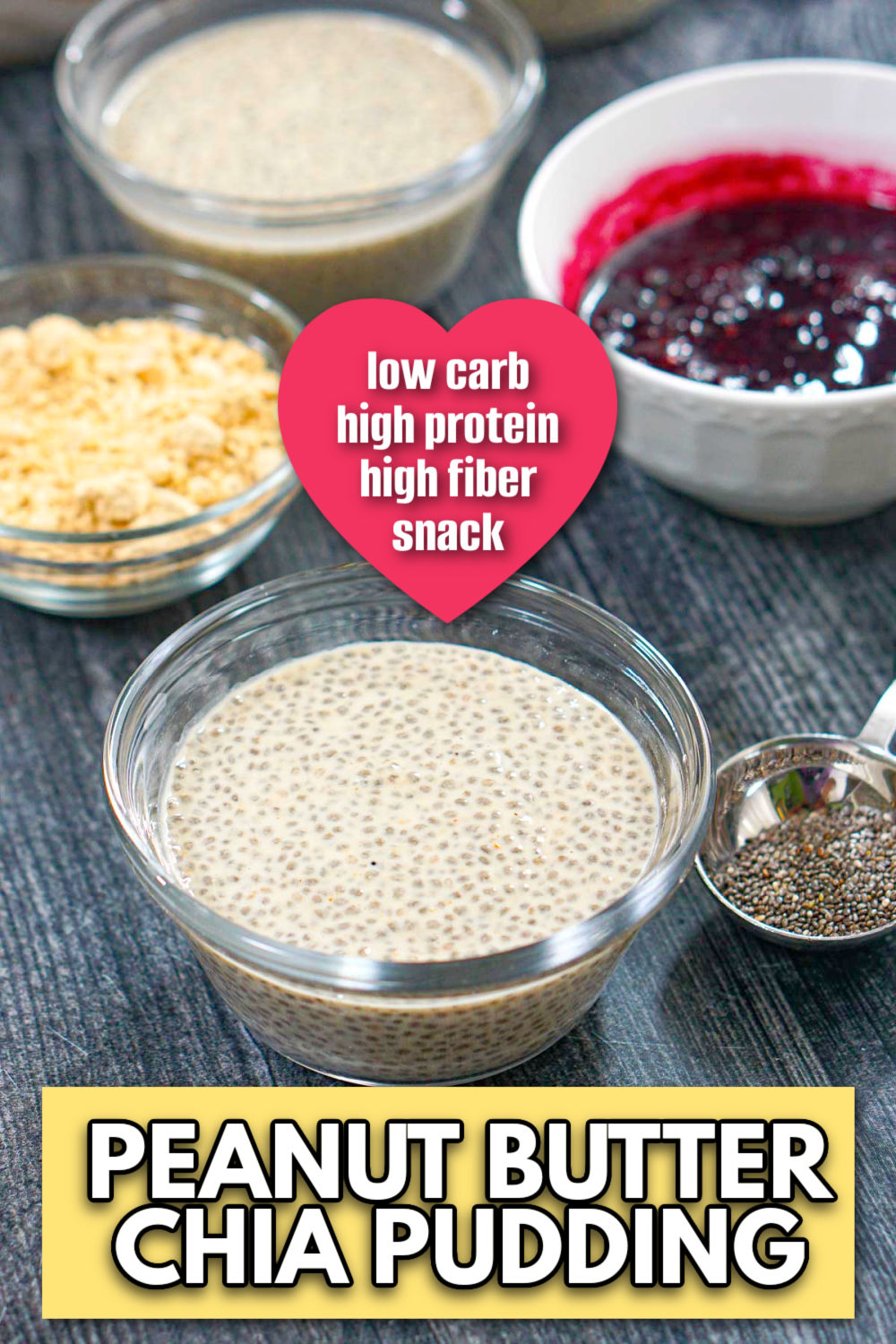 Glass bowl with peanut butter chia pudding and bowl of berry "jelly" sauce and text overlay.