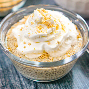 Closeup of a glass dish with keto peanut butter chia pudding.