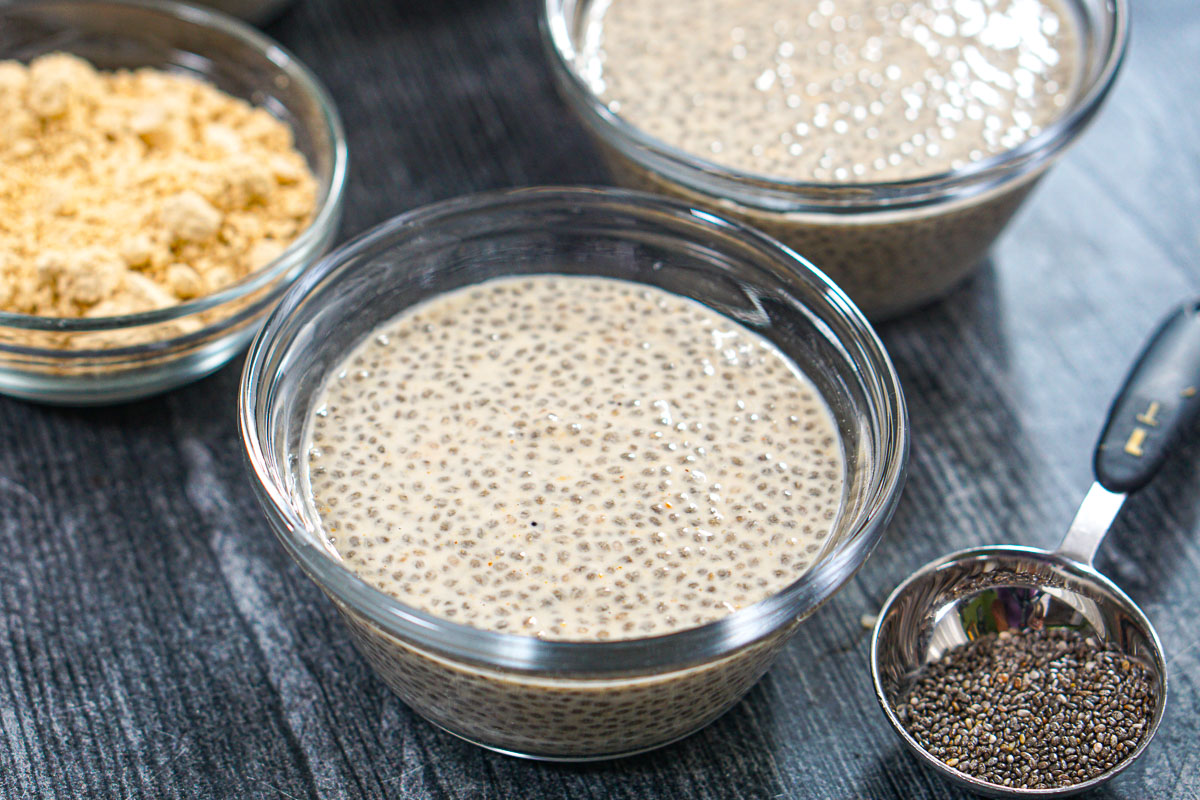 Closeup of a dish of peanut butter chia pudding.