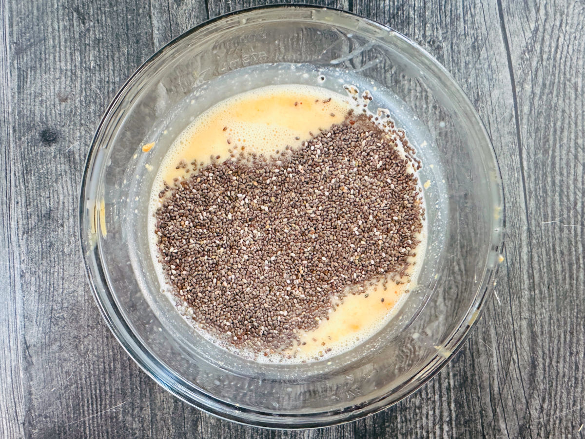 Aerial view of a bowl of the healthy pudding being made.