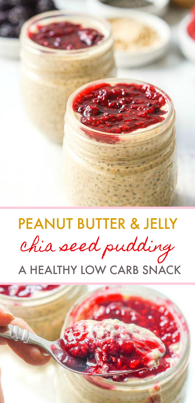 jars of peanut butter chia pudding with jelly and text overlay
