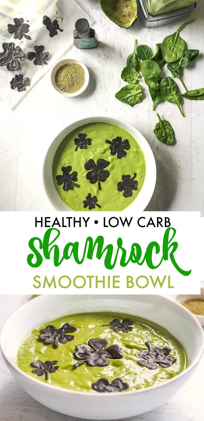 Long photo of green smoothie bowl with chocolate shamrocks and text overlay.