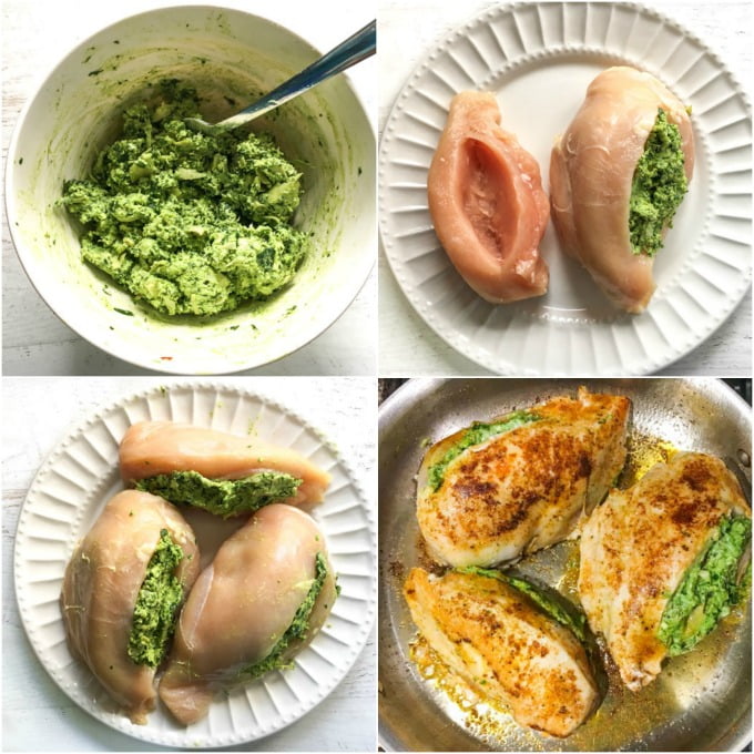 collage of how to make a stuffed chicken breast