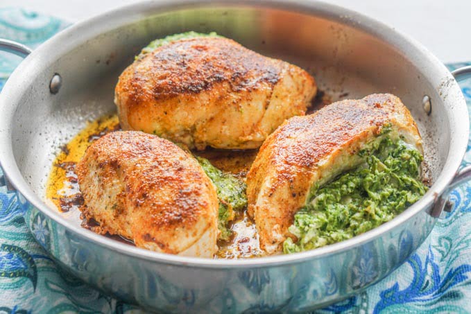 pan with 3 stuffed chicken breasts