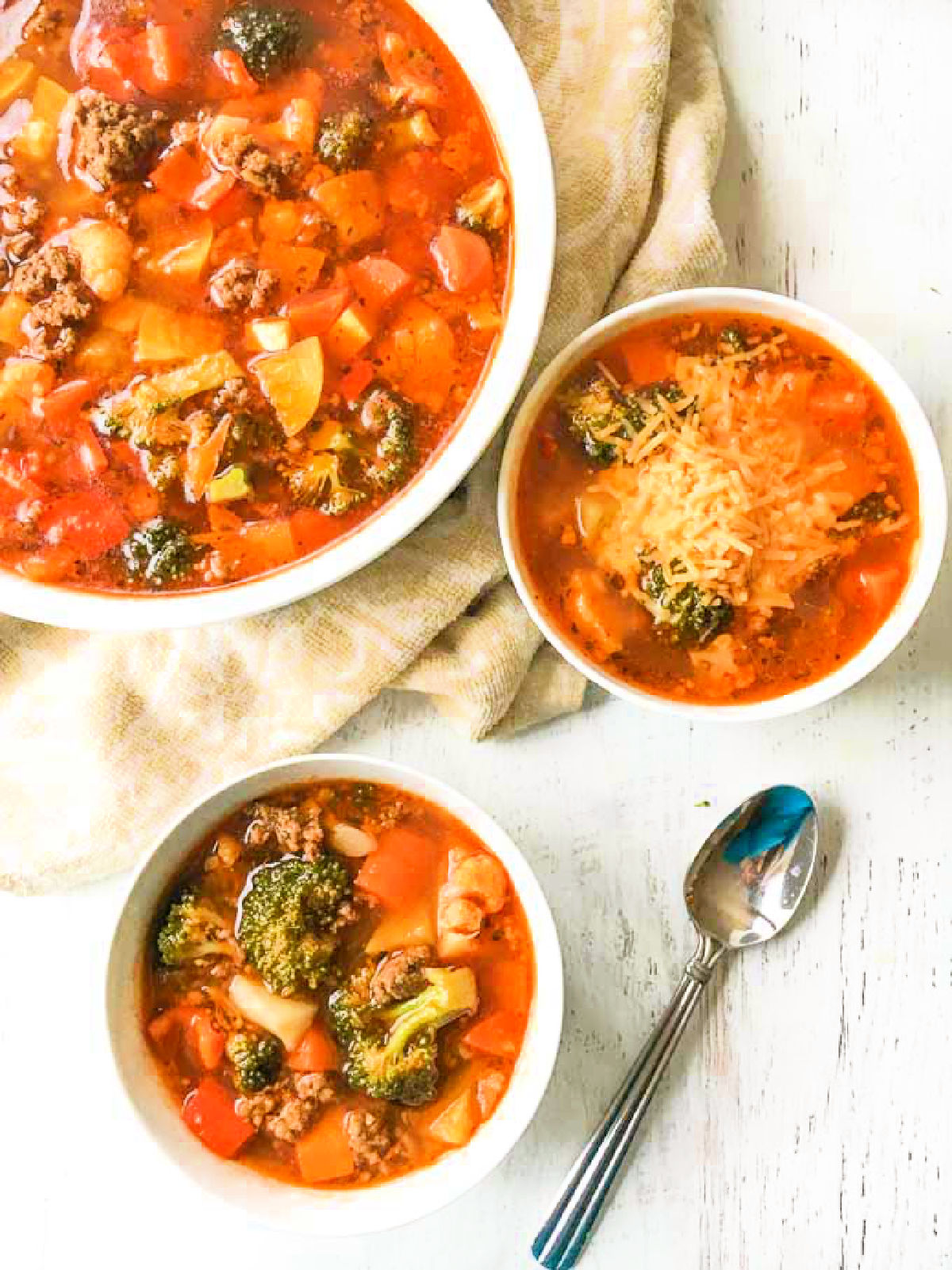 aerial view of bowls of Mexican keto taco soup