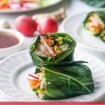 aerial photo of collard greens leaf wrap spring roll with radishes in background with text overlay