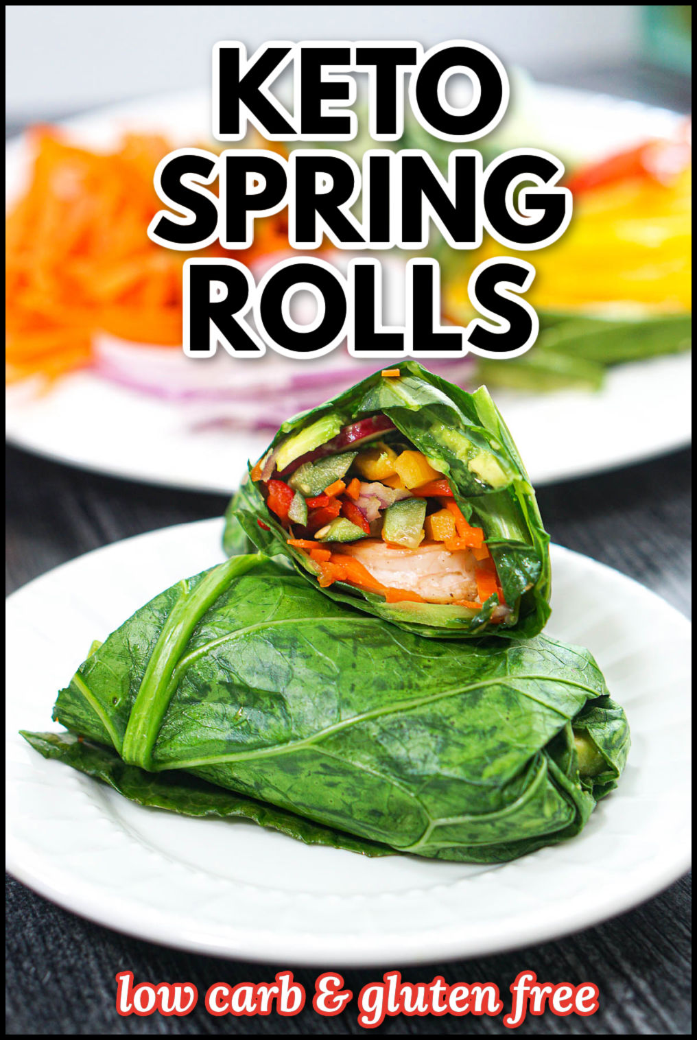 Closeup of a keto spring roll made with collard greens on a white plate and text overlay.