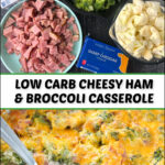 ingredients and baking dish with keto ham broccoli casserole and text