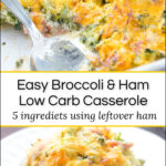 baking dish and white plate with keto ham broccoli casserole and text