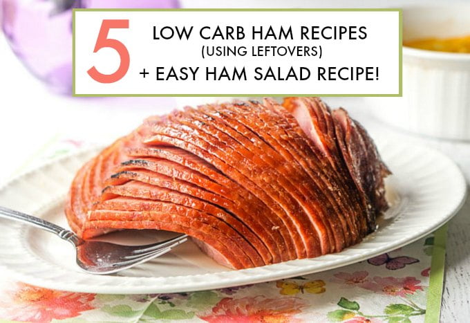 Spiral ham on white plate with text overlay.