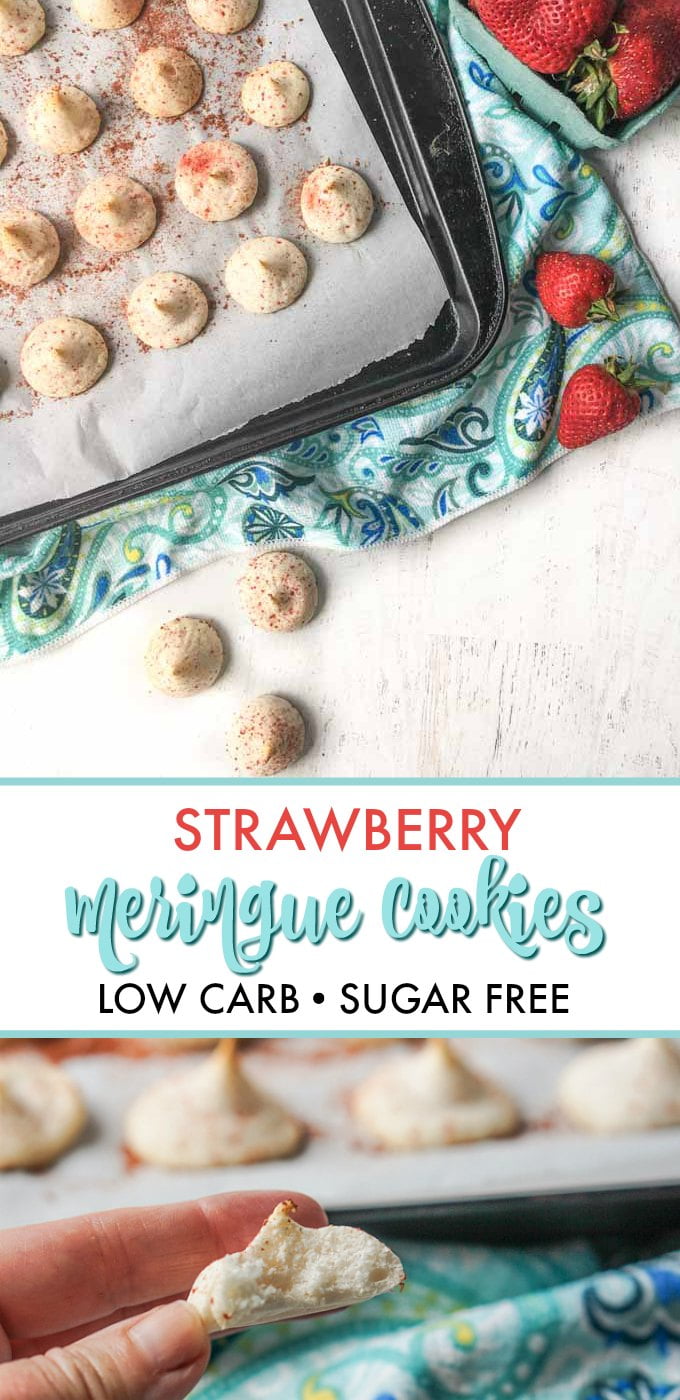sugar free low carb meringue cookies with strawberries and cookie sheet in background and text overlay