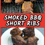 White plate with 4 bbq low carb smoked short ribs and text.