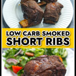 White plate with 4 bbq low carb smoked short ribs and text.