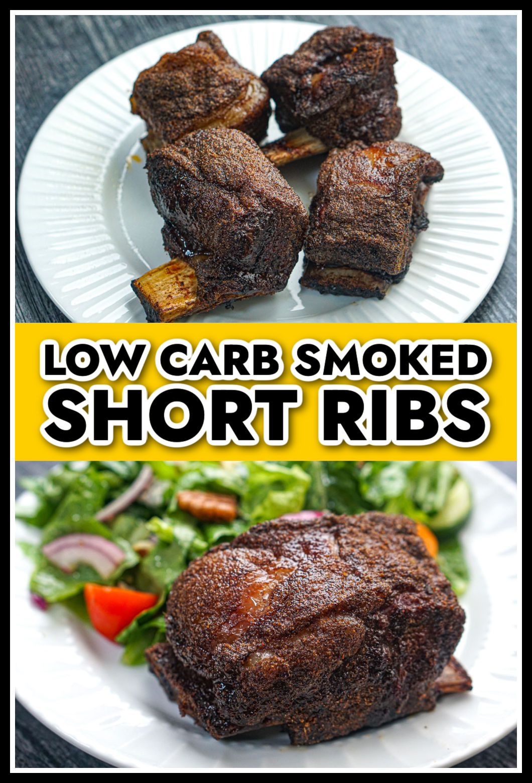 White plate with 4 bbq low carb smoked short ribs and text.