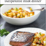 white plate with steak and potatoes and text