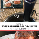 sous vide immersion circulator in pot with vacuum sealed beef and a finished steak with text