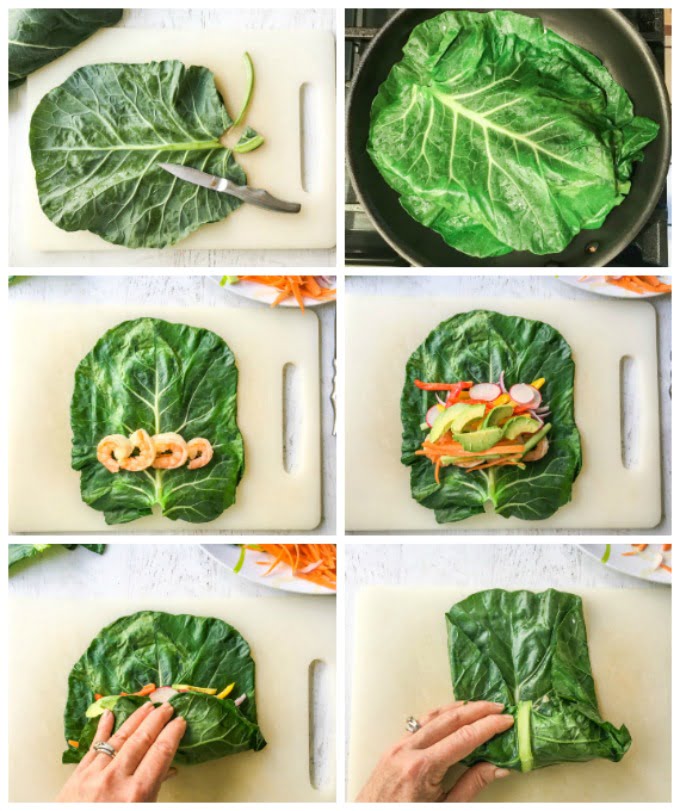 collage of how to do a spring roll with collard greens leaves