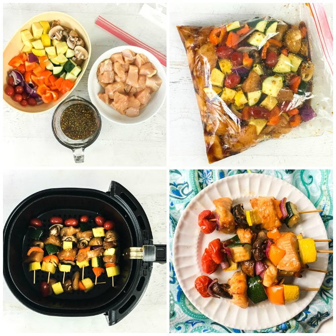 collage of how to make chicken kebabs in the air fryer
