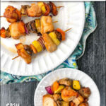 aerial view of white plate with air fryer chicken kebabs with veggies with text