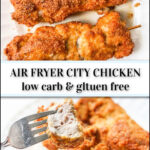white plates of low carb city chicken with text