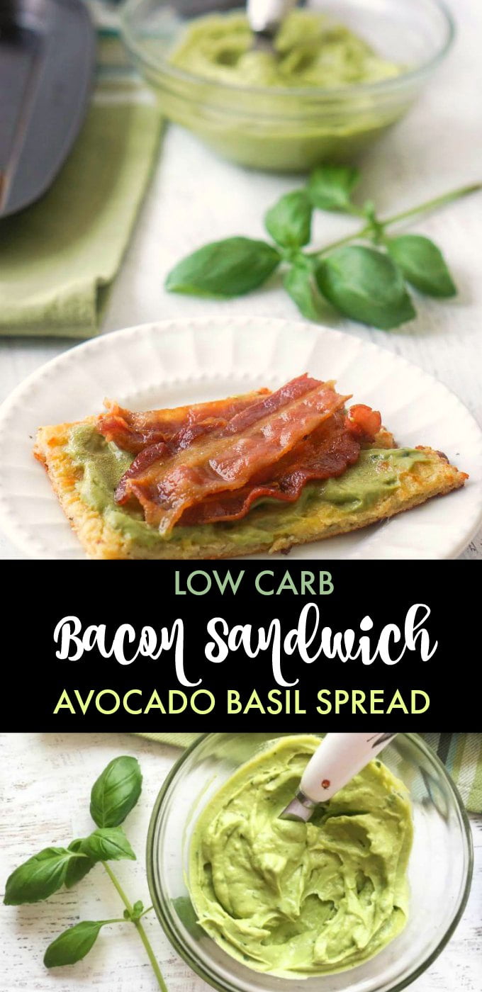 keto bacon sandwich with bowl of avocado spread and text overlay