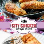 skillet and white plate with 2 keto city chicken kebabs with text