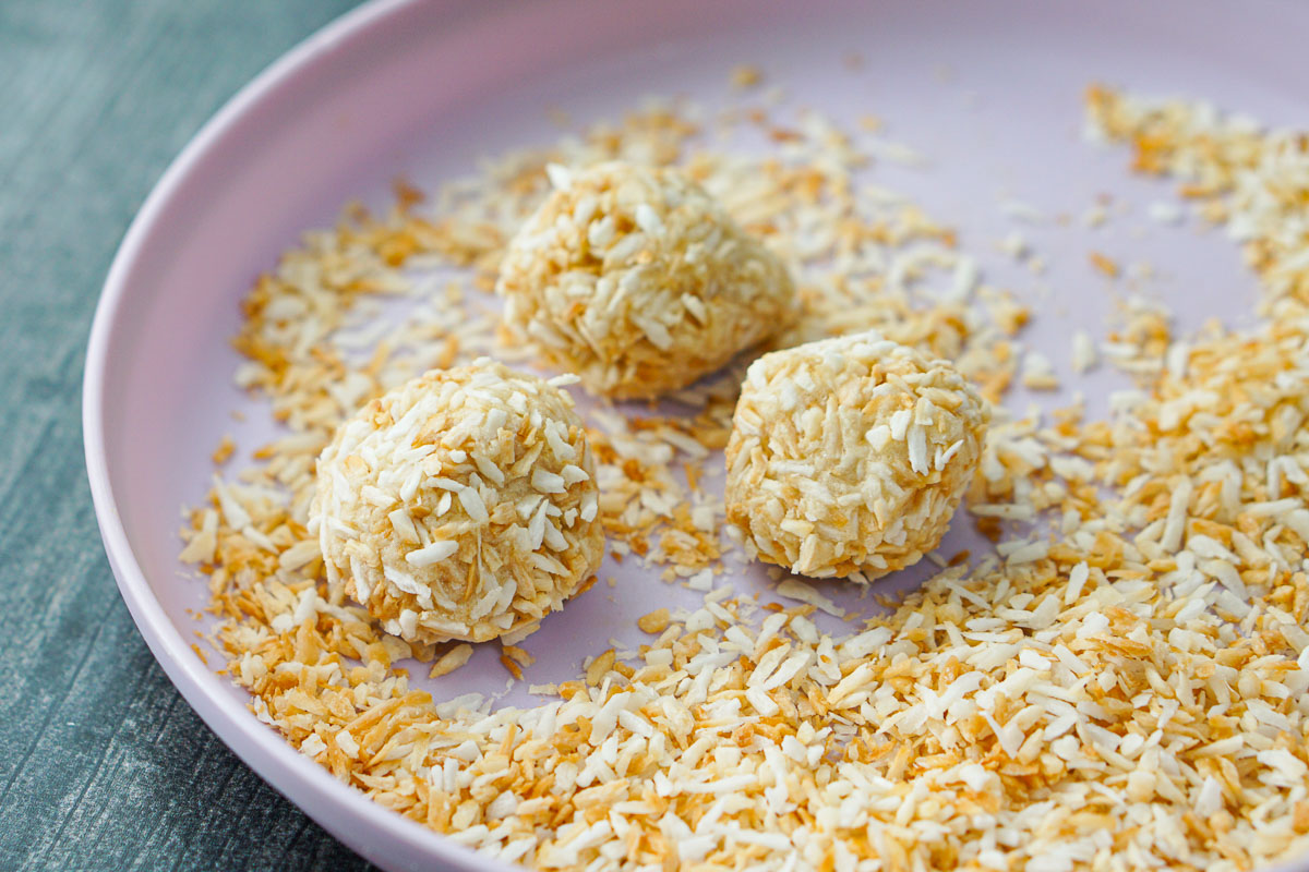 closeup of pin plate with protein balls rolled in toasted coconut
