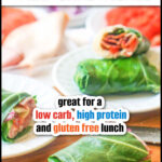 Closeup of a sandwich green wrap with plates of them in the background and text overlay.
