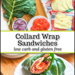 Closeup of a collard green sub sandwich on a white plate cut in half and text overlay.