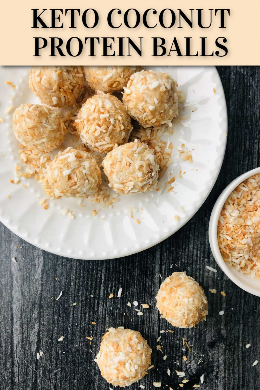 white plate with coconut bites and a few extra and text