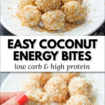 white plate with finished sugar free coconut protein balls and text
