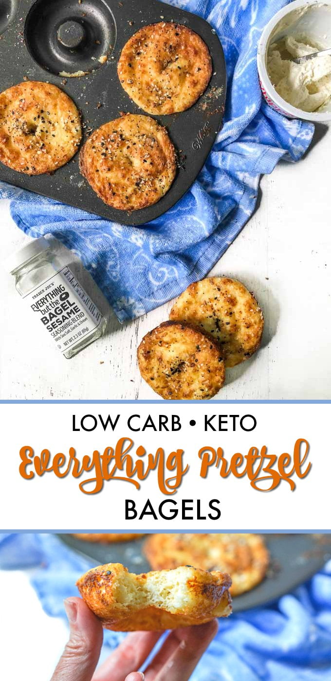 keto everything pretzel bagels in baking tin on a blue towel and cream cheese in background and a bite taken out with text overlay