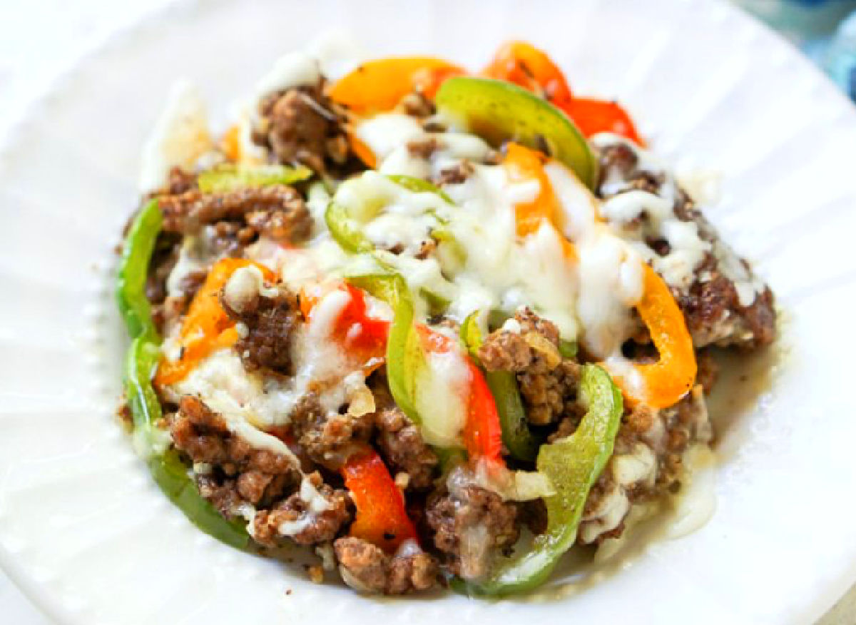 Closeup of a white plate with a serving of the finished dish.