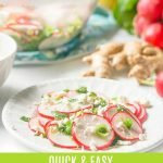 small white plate of radish salad with large glass bowl in background and text overlay
