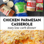 baking dish and ingredients to make chicken parmcasserole with text
