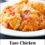 a serving of low carb chicken parmesan casserole with text