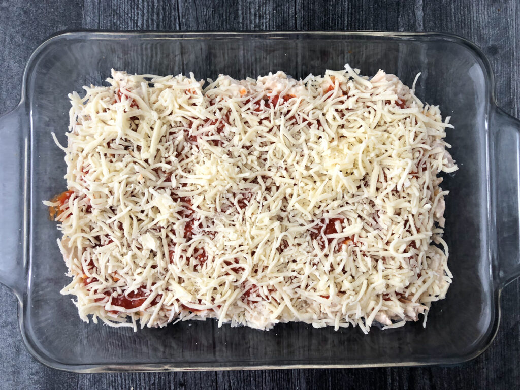 chicken, sauce and mozzarella layers of chicken parm casserole