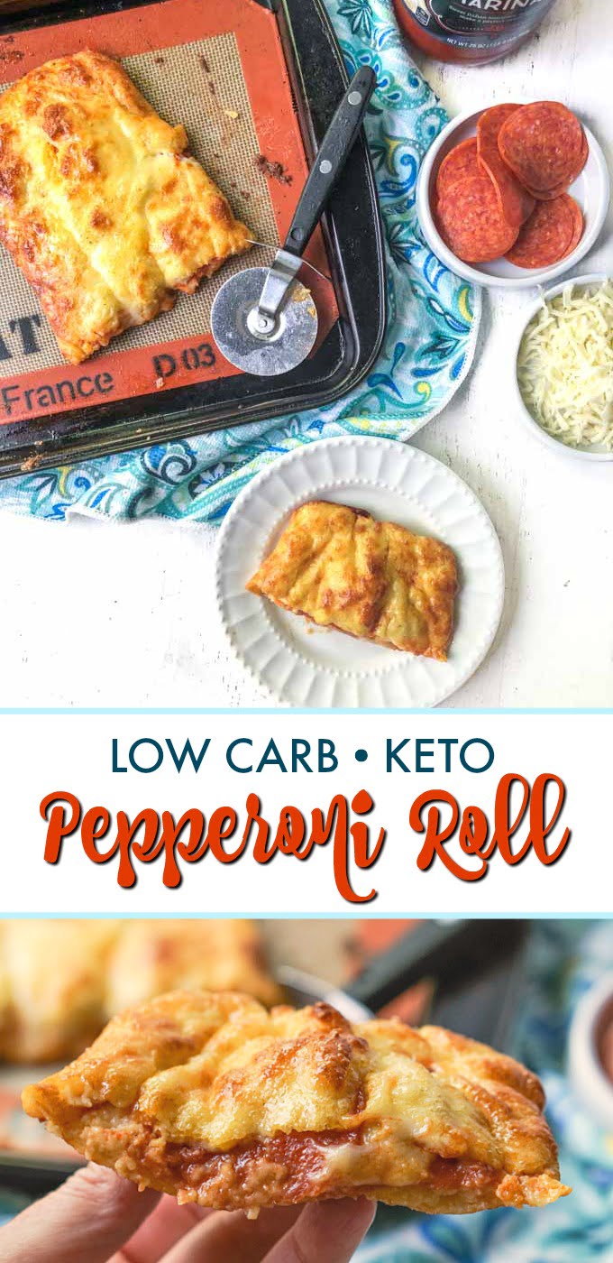 keto pepperoni roll on baking sheet with aa slice on plate and text overlay