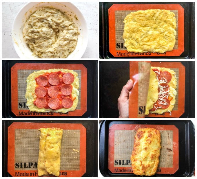 collage of how to make fathead dough keto pepperoni roll