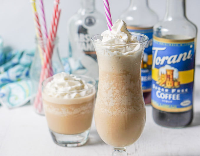 glasses of frozen mudslide with torani syrup and straws in background