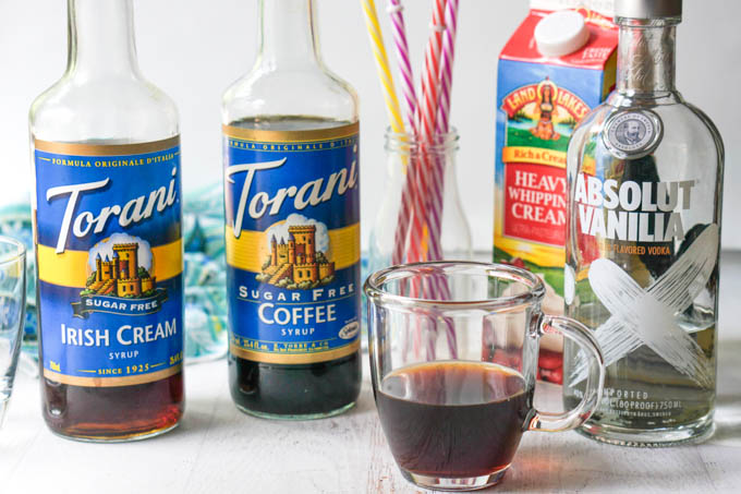 ingredients to make a mudslide cocktail: Torani syrups, coffee, vodka and cream